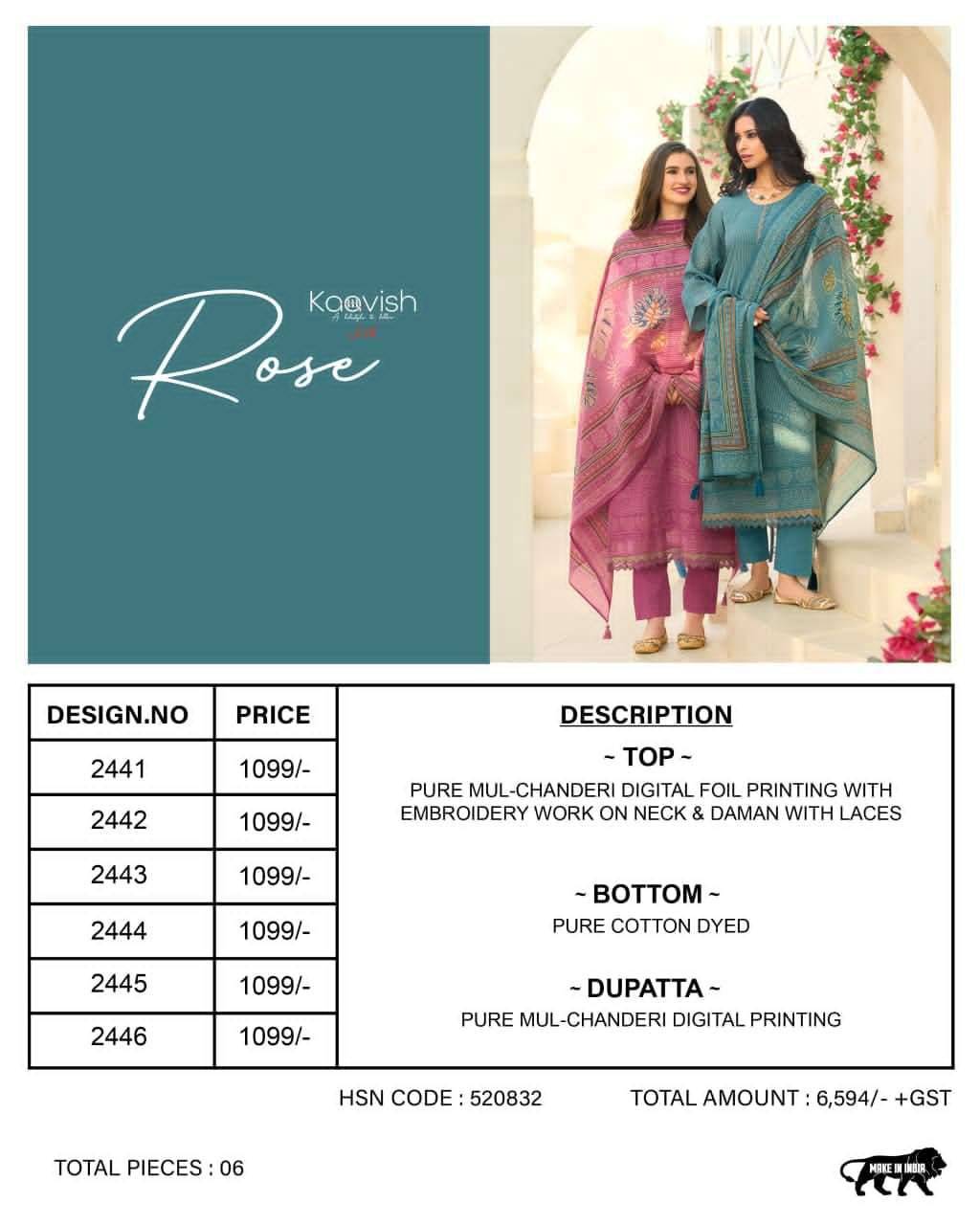 ROSE By KAAVISH 2441 To 2446 Series Stylish Beautiful Colourful PURE MUL CHANDERI Dresses At Wholesale Price